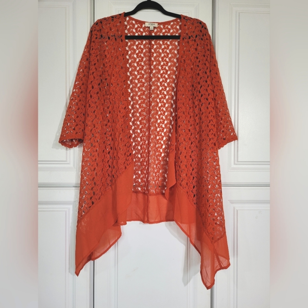 Umgee Orange Lace Kimono Cardigan Cotton Blend, Size Medium, Boho, Swim Cover-up